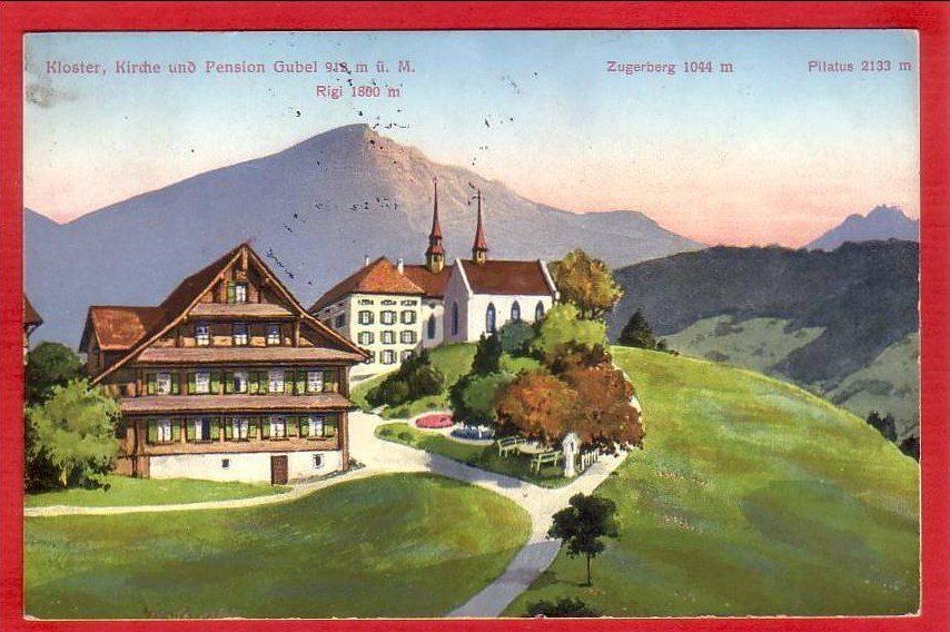 Cartoline postali: MENZINGEN, KLOSTER, KIRCHE UND PENSION GUBEL – Usato da Grüningen venduto da Kartenlaube