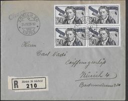 1928 R/Brief Zürich J44 Viererblock o zentrisch top ab 1.-