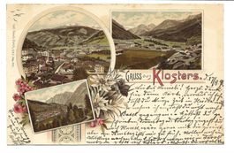 Gruss aus Klosters (GR) 3 Bilder - uralte Litho-AK - 1898 !