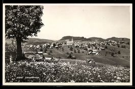 Schwellbrunn, Dorf mit Kirche und Blumen