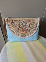 Sac a Main brodé, mix raffia et cotton, 30 x 22 cm