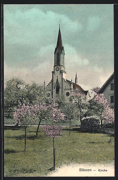 Cartoline postali: AK Bünzen, Kirche mit Bäumen, 1918 – Usato da Berlin venduto da bartko-reher