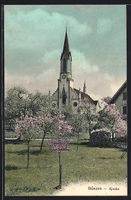 AK Bünzen, Kirche mit Bäumen, 1918