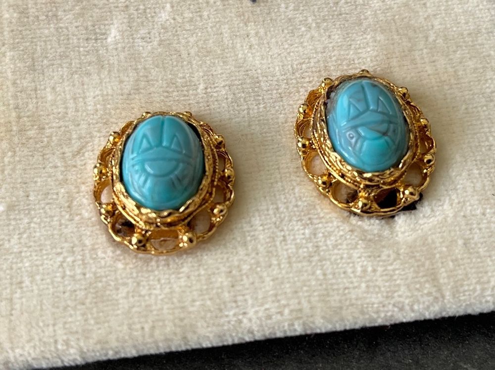 Boucles D'oreilles Clips Vintage Avec Turquoise - Anciennes - Style Rétro - Occasion