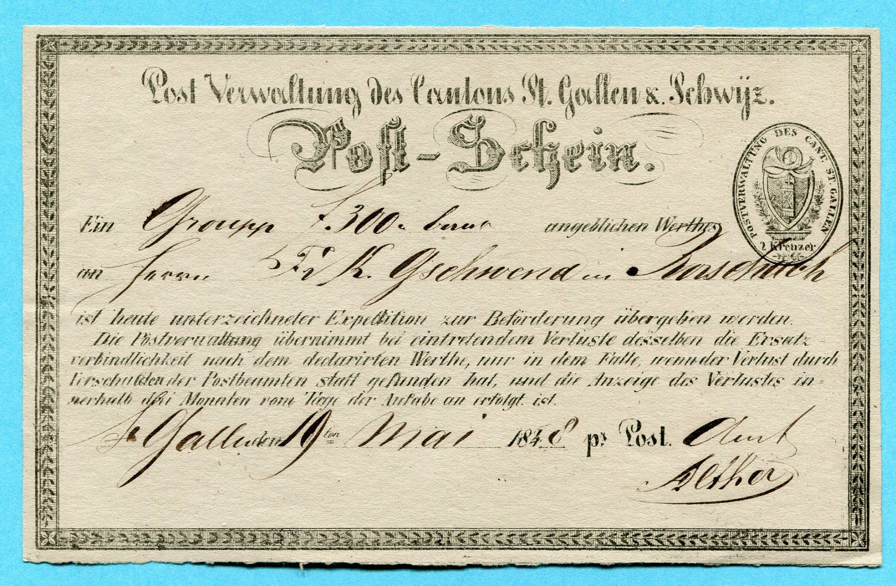 Tutti i francobolli: Post Schein St. Gallen 1848 – Usato da Opfikon venduto da Prophila
