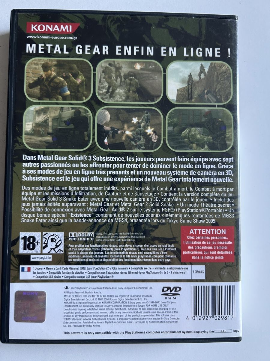 Jeux: Metal Gear Solid 3 Subsistence FRA – D'occasion à Pully par PongDayOne 1