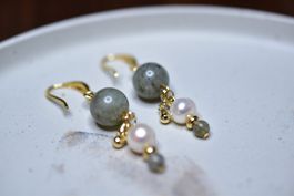 Ohrringe/Ohrhänger Labradorit und Zuchtperle, neu