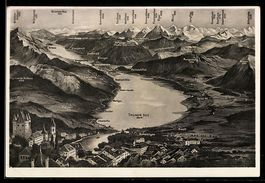 AK Scherzligen, Totalansicht mit Thuner See, Oberhofen, Sigr