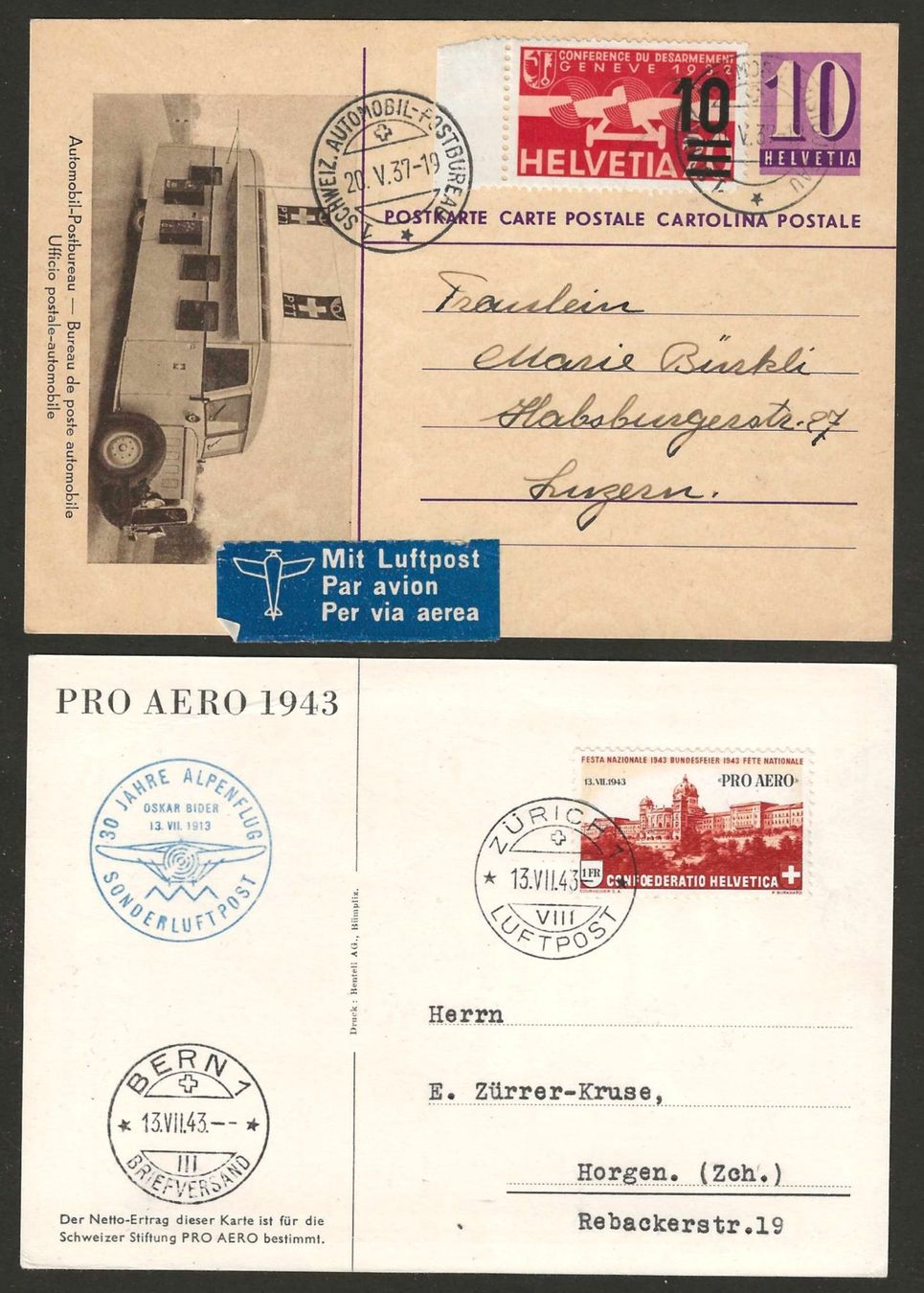 Tutti i francobolli: 4 CH Flugpost Karten ab 1927 – Usato da Gümligen venduto da Geniusbuy 1