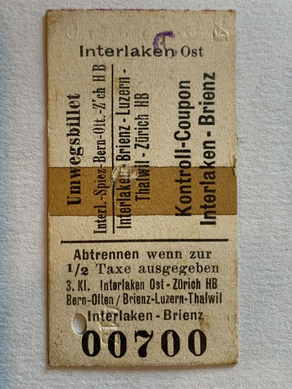 Biglietti: SBB Brünig Edmondson Karton Billett ca.1946 – Usato da Riehen venduto da Boeri555