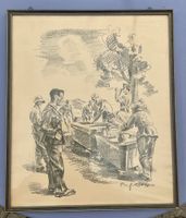 Original Zeichnung Fritz Traffelet von 1936 Soldaten gerahmt