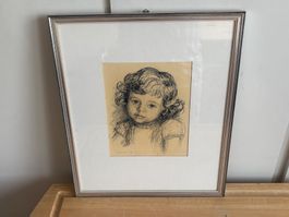 Original Kohlezeichnung Kinderporträt von Waser 1959