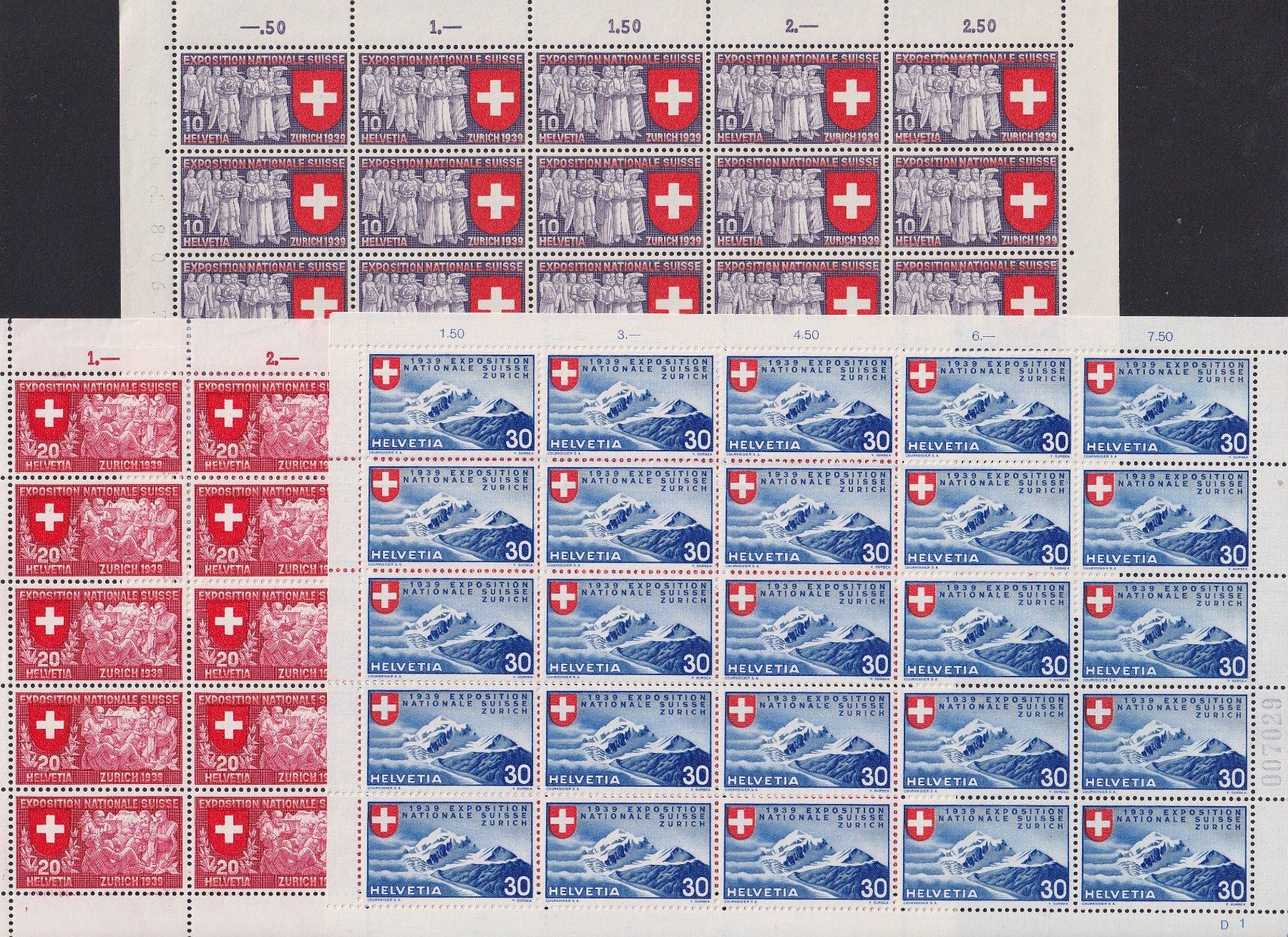 Tutti i francobolli: 1939, Nr.222-224 Bogen mit Plattenfehler postfrisch. 530.-+ – Usato da Sursee venduto da Luzernerraute