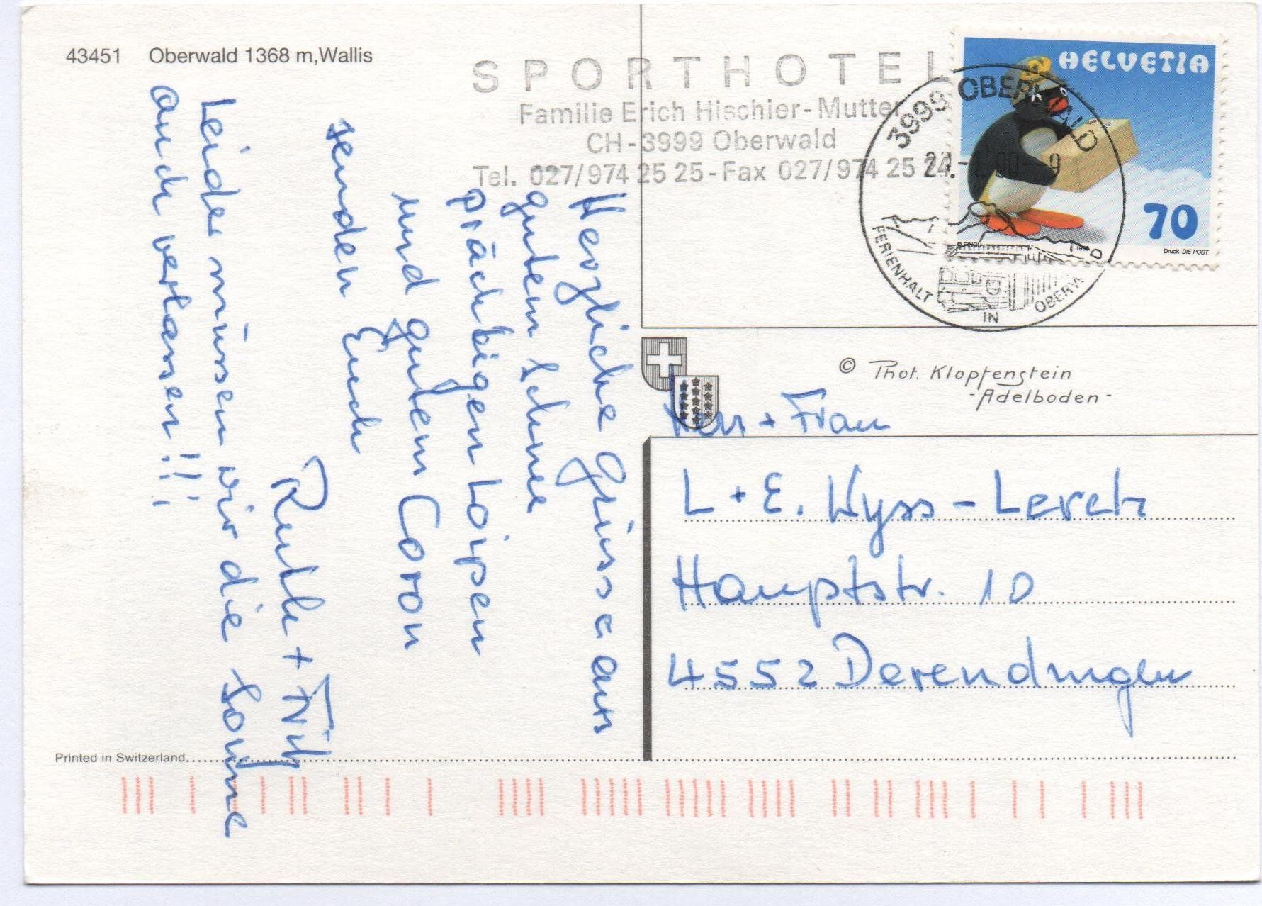 Cartoline postali: OBERWALD Stempel Sporthotel – Usato da Jona venduto da philajona 1