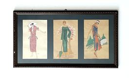 3 gerahmte Original-Modezeichnungen Art Deco / Dessins origi