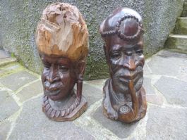 Zwei afrikanische Holz-Schnitzereien, Frauen- und Herrenkopf
