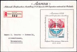 1938, Aarauer-Block Nr. W11 auf offiz. R-Brief m. Sonderstpl