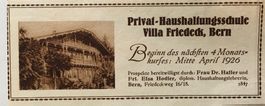 Vintage Reklame, Haushaltungsschule Villa Friedeck, Bern