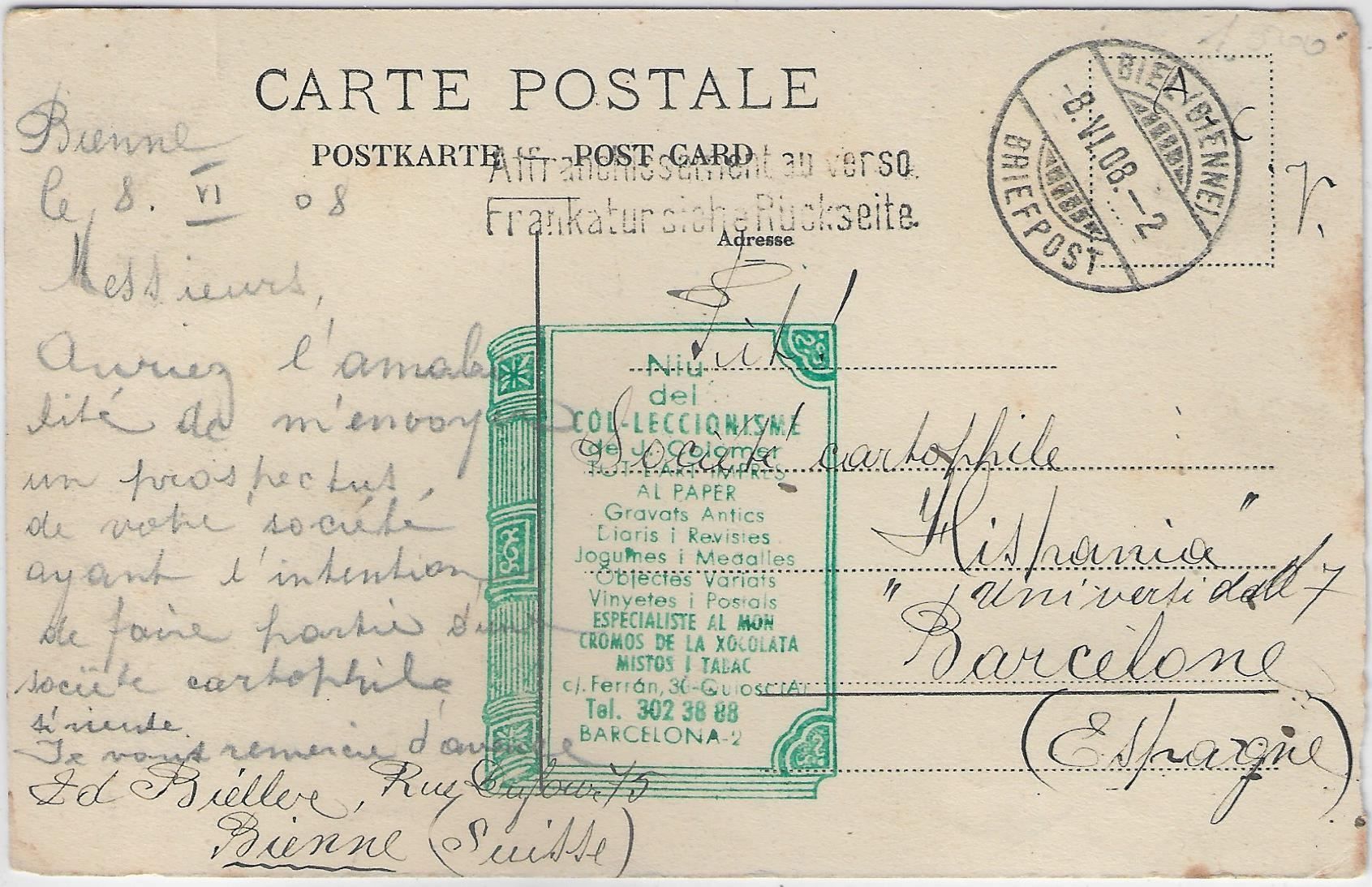 Cartoline postali: Biel-Bienne  8.VI.1908 101-103 Kat. 300 – Usato da Ettingen venduto da Kartenplanet 1