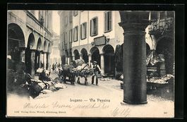 AK Lugano, Via Pessina mit Markt, 1903