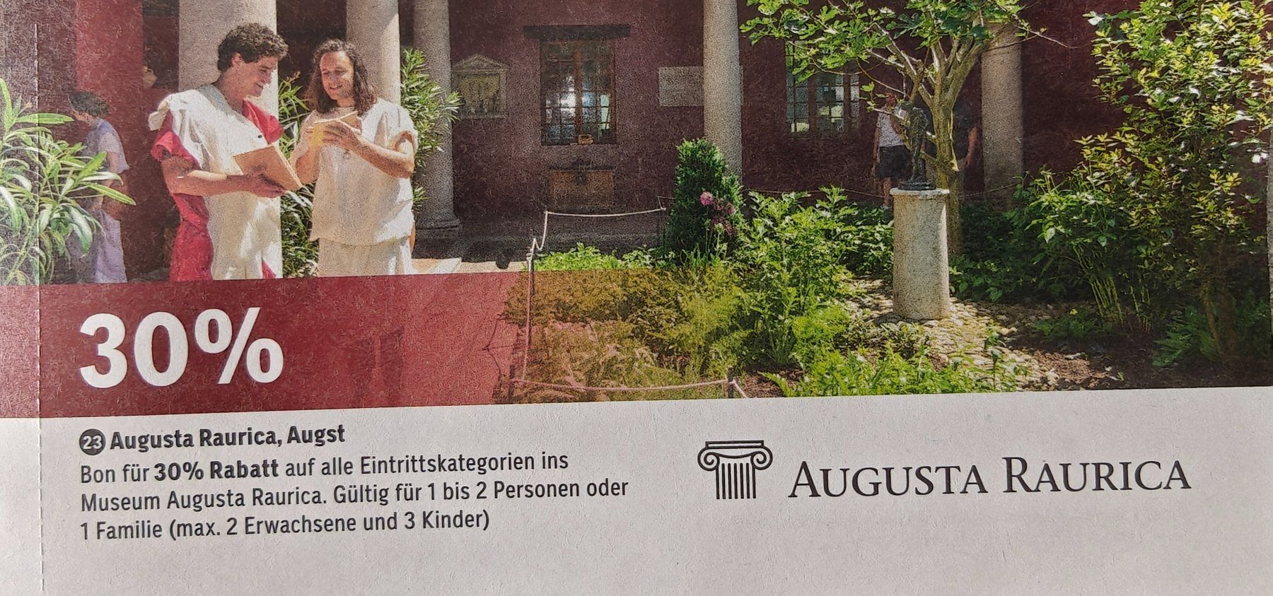 Buoni: Gutschein 30% August Raurica Augst – Usato da Schmiedrued venduto da elvis_88