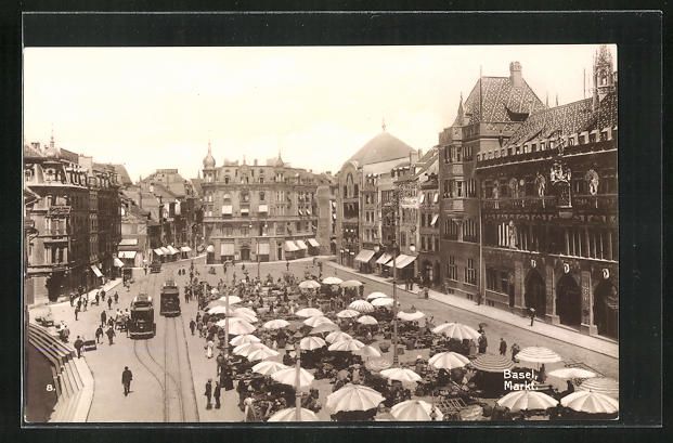 Ansichtskarten: Basel, Markt mit Rathaus und Strassenbah – Gebraucht aus Berlin von bartko-reher