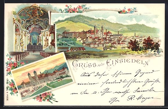 Cartes postales: Litho Einsiedeln, Ortsansicht, Kirche vo – D'occasion à Berlin par bartko-reher