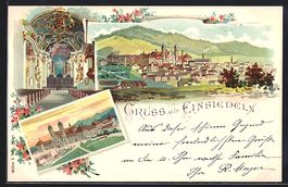 Litho Einsiedeln, Ortsansicht, Kirche vo