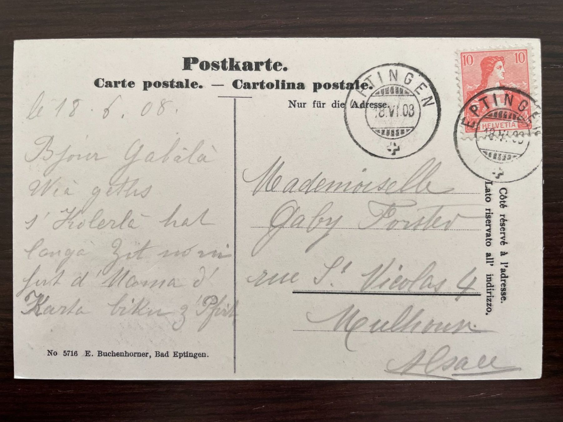 Cartoline postali: GRUSS AUS BAD EPTINGEN 2 Bild, Bad, Ortsansicht, 1908 – Usato da Wald ZH venduto da TLILEF 1