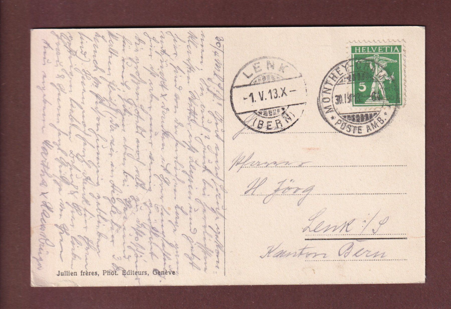 Cartoline postali: CHAMPERY - Dents Blanches - 1913 – Usato da Pully venduto da nicecards-shop 1
