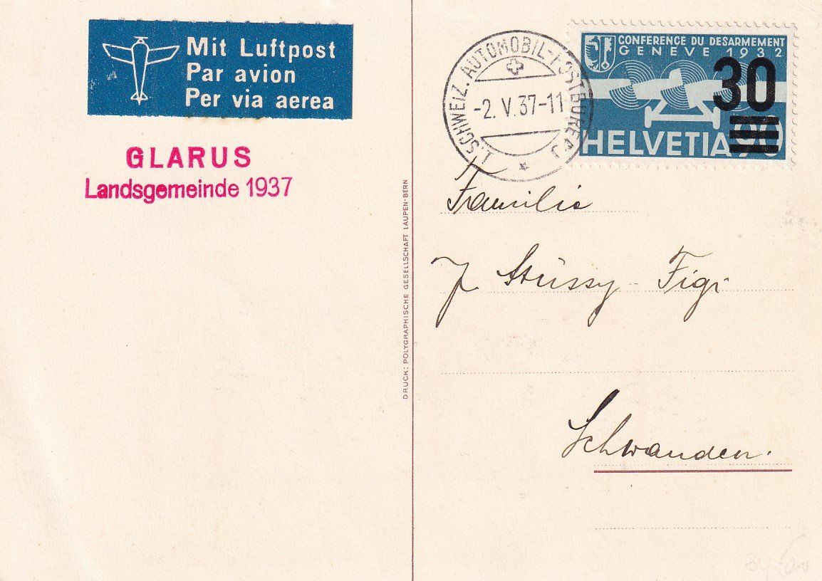 Tutti i francobolli: Automobil-Postbureau Glarus "Landsgemeinde 1937" – Usato da Baar venduto da Asmara111