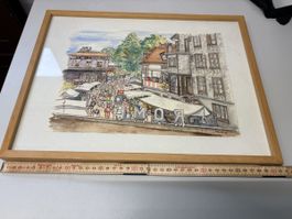 Aquarell Dorf Richterswil signiert mit Holzrat