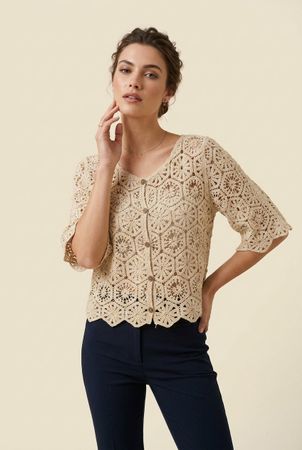 Gilet Crochet Vintage Beige Boutons Manches Courtes T. M