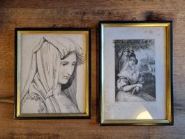 2 alte Druckgrafiken Frauenporträts gerahmt