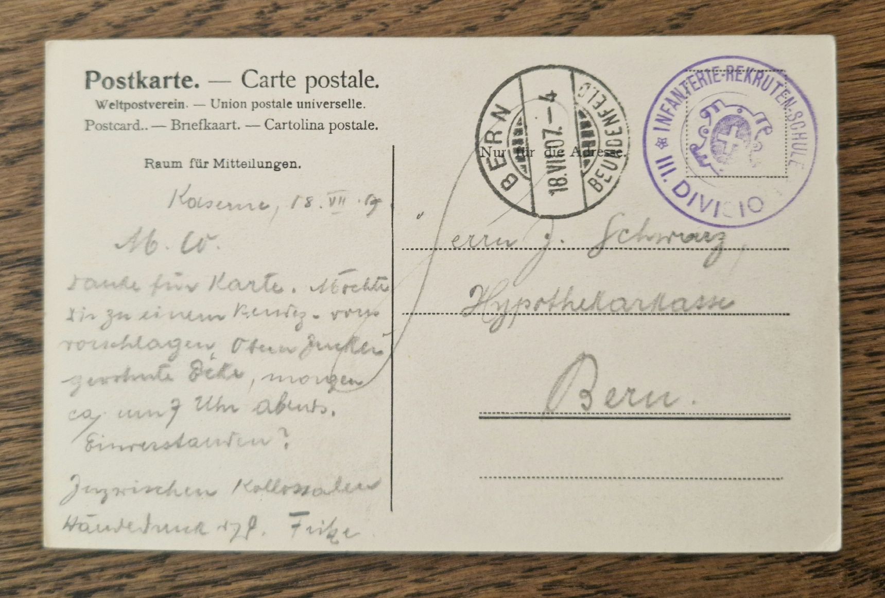 Cartoline postali: Bern, Inf. RS. III. Div., 1907 – Usato da Ebikon venduto da Donar50 1
