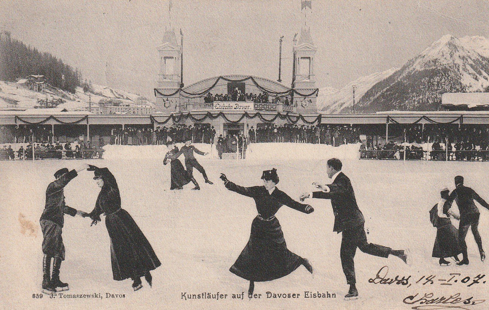 Cartoline postali: Davos - Graubünden-Davoser Eisbahn - 1907 – Usato da uttwil venduto da Koehlerfred