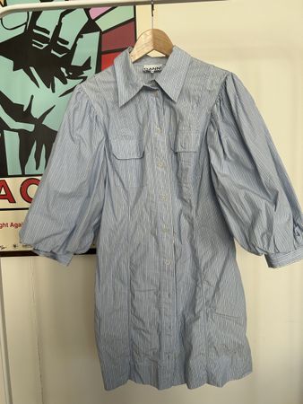 Ganni Striped Shirt Dress Blue Size 42 Puffed Sleeves