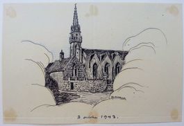 J. Jacobi (?): Plouarzel (FR) Église, Tuschezeichnung 1943