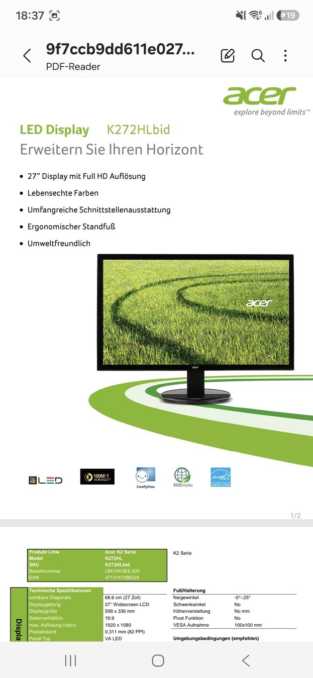 Acer Monitor: Acer Bildschirm 27'' K272HL – Usato da Pfäffikon ZH venduto da Nadine_See 3