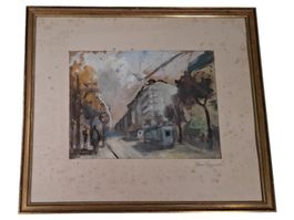 HANS SOPPERA Gemälde einer Strasse&Häuser,Aquarell