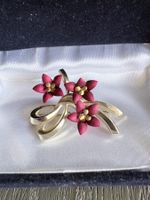 Vintage Brosche Blumen  goldfarben rot gebraucht Zustand