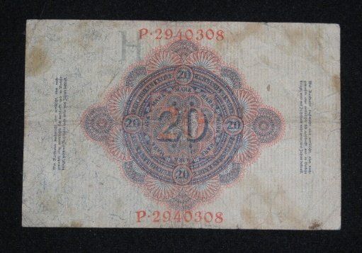 Banknoten: Zwanzig Mark - Reichsbanknote 19.02.1914 - P.2940308 – Gebraucht aus Unterbäch von vaqwa 1
