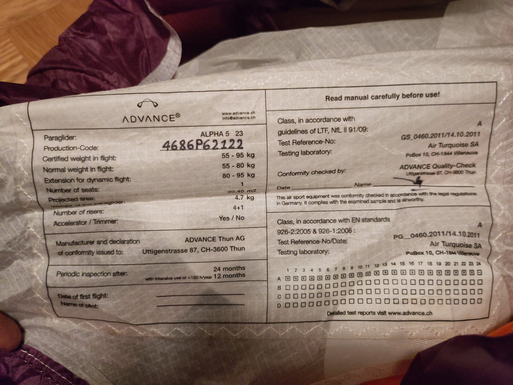 Vol libre: Gleitschirm Alpha Advance – D'occasion à Wetzikon ZH par ann_p2j2 3