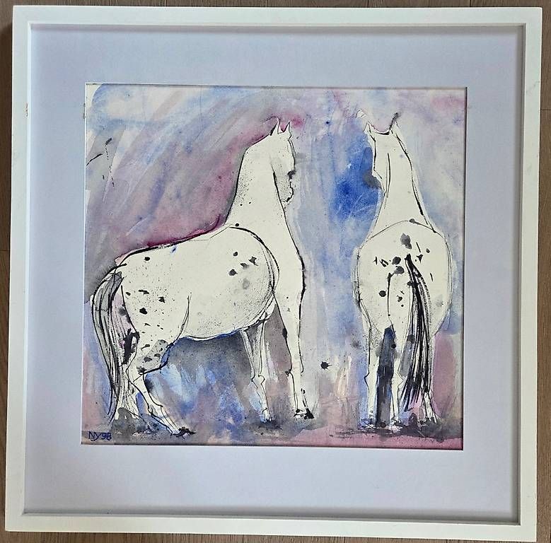 Dipinti: Nydegger Hans "Zwei Schimmel" Aquarell - Original – Usato da Matten b. Interlaken venduto da Haschka0
