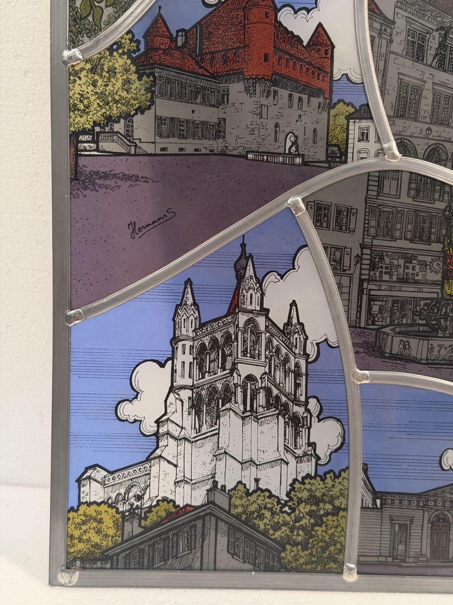 Bicchieri: Stained glass panel Lausanne city views – Usato da Lausanne venduto da artnouveau05 2
