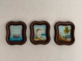 Vintage 3 Mini Bilder Griechenland handgemalt Karamanlis