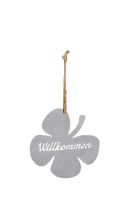 Kleeblatt Hänger "Willkommen" 18cm grau, Metall an Naturband