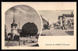 AK Murist /Fribourg, Blick zur Kirche und Straßenpartie mit 