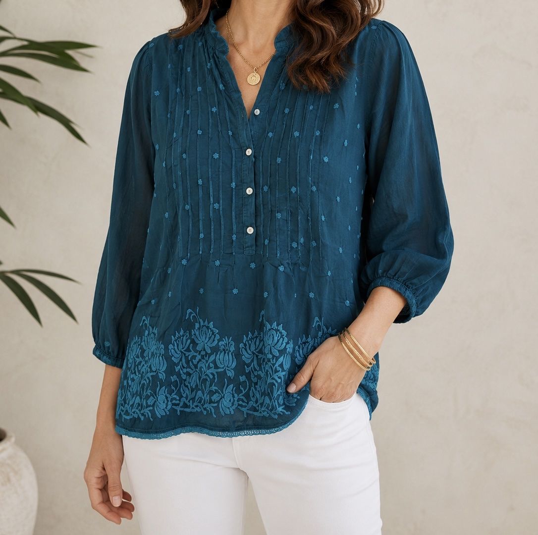Camicette: Johnny Was Floral Embroidered Teal Blouse Bluse – Usato da Münchenstein venduto da B771