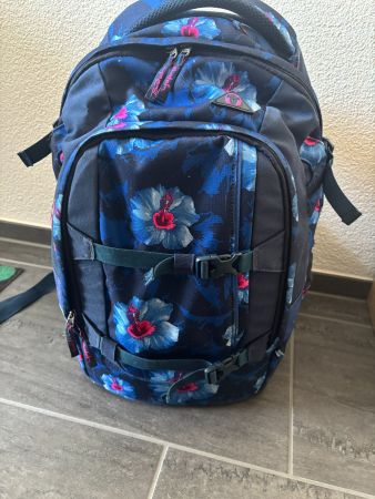 Satch Schulthek - Blau mit Hibiskus Motiv